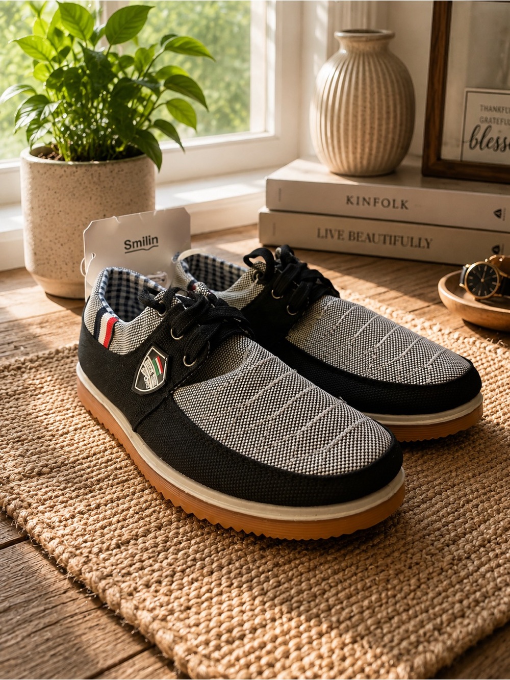 Men's Black & Gray Casual Lace-Up Sneakers by Smilin